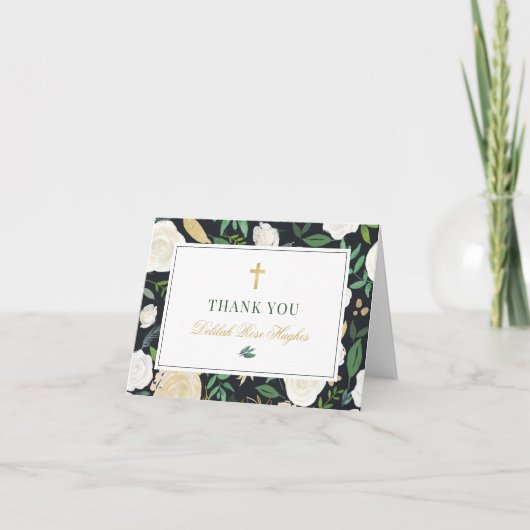 Zwart Groen Goud Bloemen Waterverf Eerste Communie Bedankkaart (Voorkant)