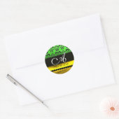 ZWART GROEN GOUD DAMASK MONOGRAM Sla de datum op Ronde Sticker (Envelop)