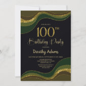 Zwart Groen Goud Glitter 100ste Verjaardagsfeest Kaart (Voorkant)