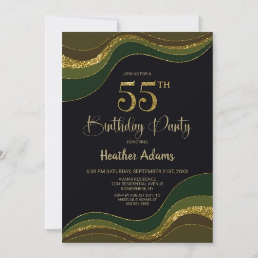 Zwart Groen Goud Glitter 55e Verjaardagsfeest Kaart (Voorkant)