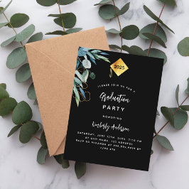 Zwart groen gouden pet 2025 afstudeerfeest uitnodiging briefkaart