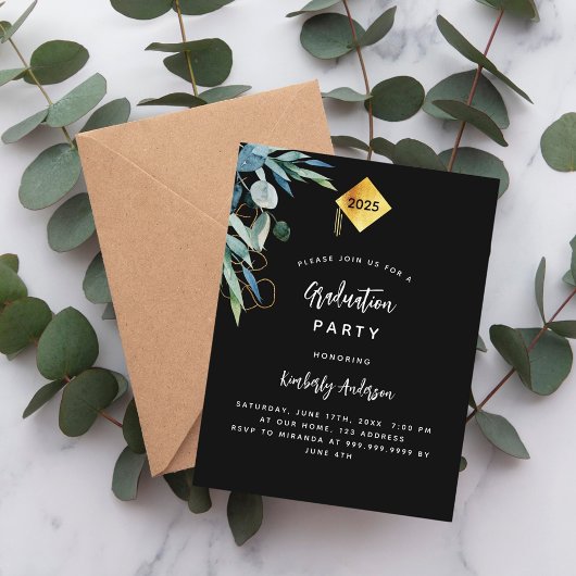 Zwart groen gouden pet 2025 afstudeerfeest uitnodiging briefkaart