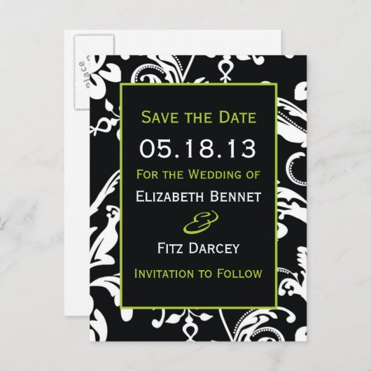 Zwart & Groen Hedendaags Damaskus Save the Date Aankondigingskaart (Voorkant / Achterkant)