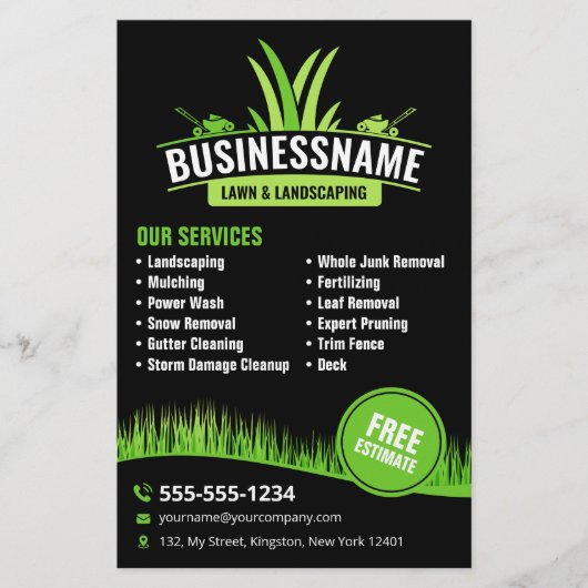 Zwart Groen Lawn Care Landscaping Mowing Lawncare Flyer (Voorkant)