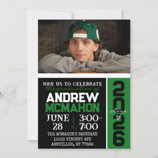 Zwart & Groen Modern Afstuderen Foto Kaart (Voorkant)