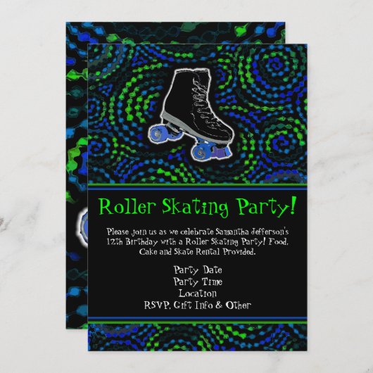 Zwart/Groen Rolschaatsen Party uitnodiging (Voorkant / Achterkant)