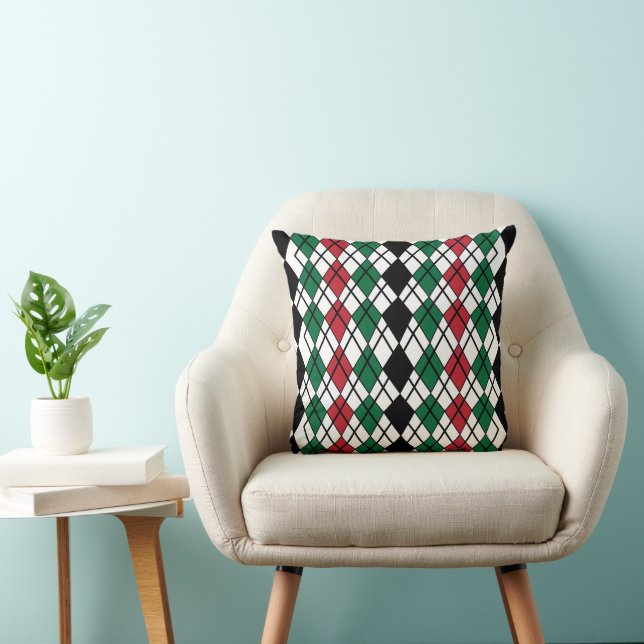 Zwart Groen Rood Argyle Geometrisch   Kussen (Stoel)