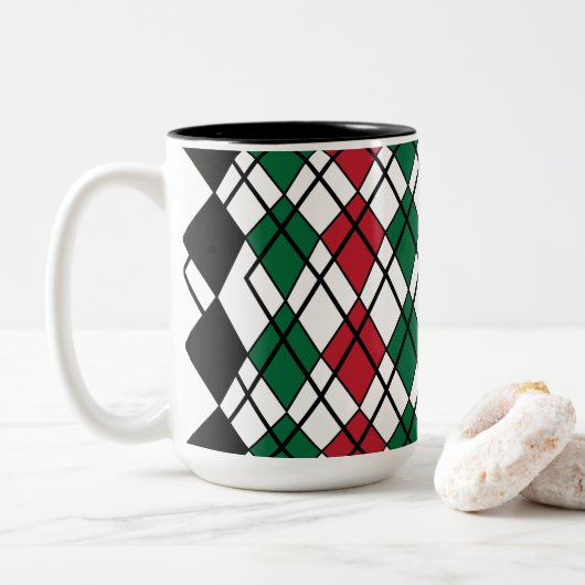 Zwart Groen Rood Argyle patroon Tweekleurige Koffiemok (Met donut)