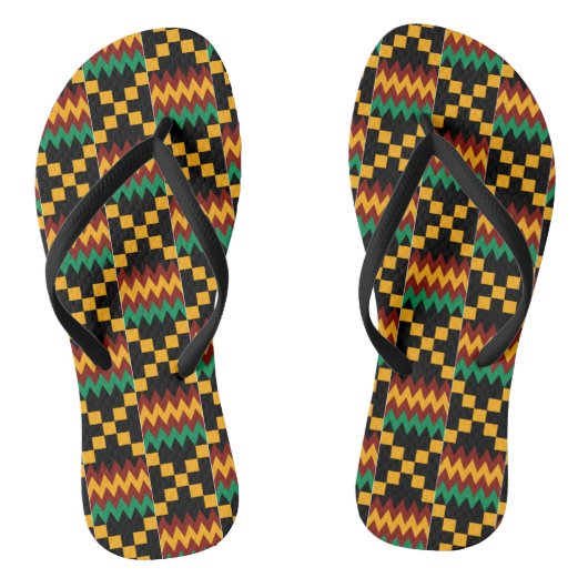Zwart, Groen, Rood, Geel Kente Doek Teenslippers (Voetbed)