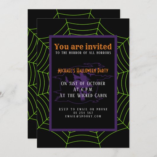 Zwart-groen spinweb Halloween patroon Invitatie Kaart (Voorkant / Achterkant)