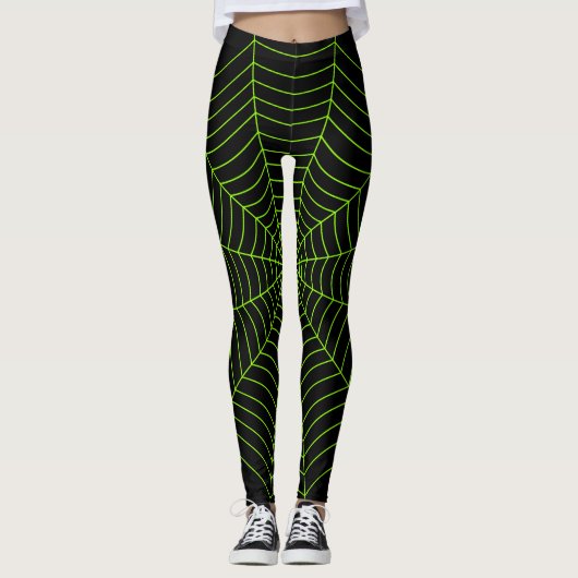 Zwart-groen spinweb Halloween patroon Leggings (Voorkant)