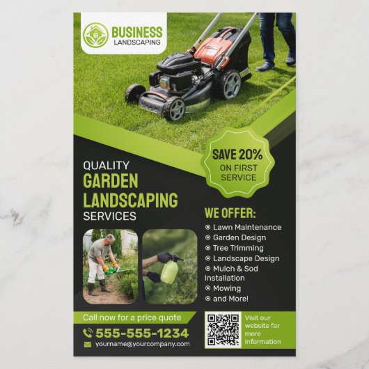 Zwart & Groen Tuin Landscaping Lawn Care Maaien Flyer (Voorkant)