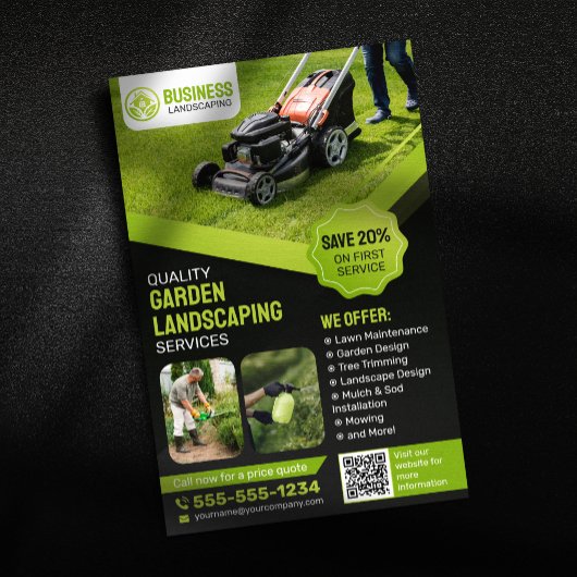 Zwart & Groen Tuin Landscaping Lawn Care Maaien Flyer