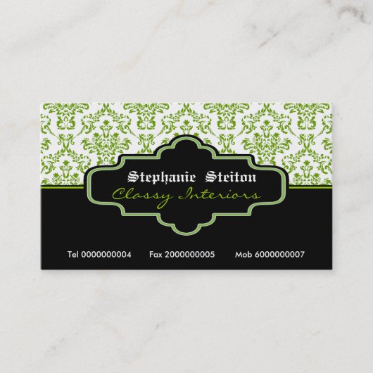 Zwart groen wit damast interieur visitekaartjes (Voorkant)