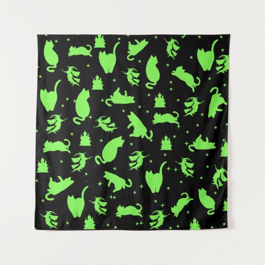 Zwart & Groen Witchy Cats Tapestry Wandkleed (Voorkant)