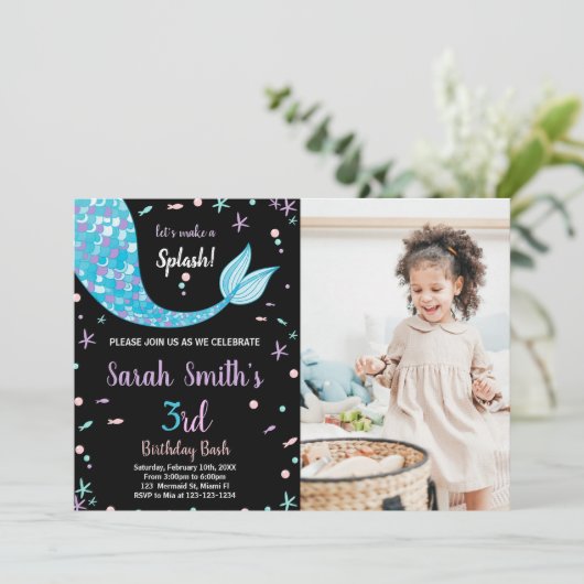Zwart Groen Zeemeermin Staart Verjaardag met foto Kaart (Staand voorkant)