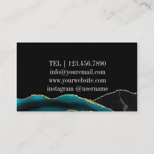 Zwart Groen Zilver Initialen Agaat Glam Marmer Visitekaartje (Achterkant)