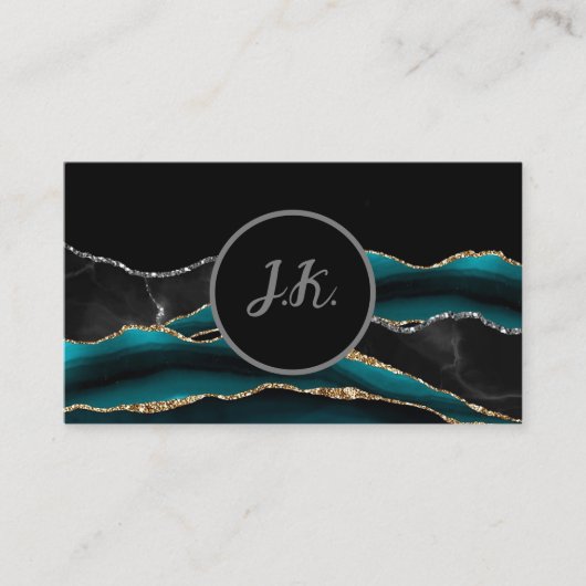 Zwart Groen Zilver Initialen Agaat Glam Marmer Visitekaartje (Voorkant)