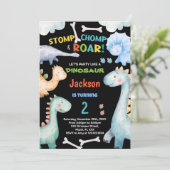 Zwart Groene Dinosaurus Verjaardag Uitnodigingen (Staand voorkant)
