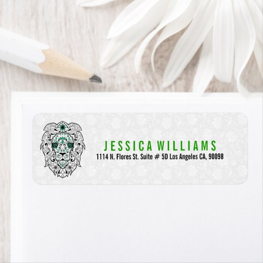 Zwart & Groene Leeuw Sugar Skull op wit Etiket (Insitu)