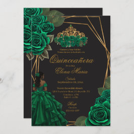 Zwart Groene Rozen Gouden Prinses Quinceañera Kaart