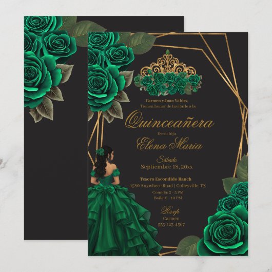 Zwart Groene Rozen Gouden Prinses Quinceañera Kaart (Voorkant / Achterkant)