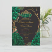 Zwart Groene Rozen Gouden Prinses Quinceañera Kaart (Staand voorkant)