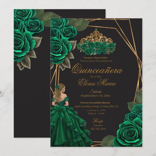 Zwart Groene Rozen Gouden Prinses Quinceañera Kaart (Voorkant / Achterkant)