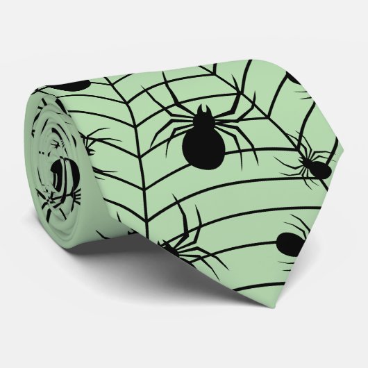 Zwart groene spinnen spinnenweb Halloween patroon Stropdas (Opgerold)