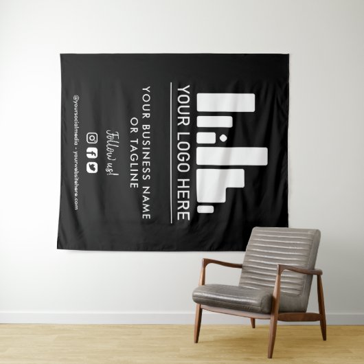 Zwart groot logo en sociale media-achtergrond wandkleed (In Situ (horizontaal))