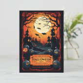 ZWART GRUNGE GEÏLLUSTREERD HALLOWEEN PARTY KAART (Staand voorkant)