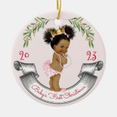 zwart haar baby's eerste kerst roze rood keramisch ornament (Voorkant)