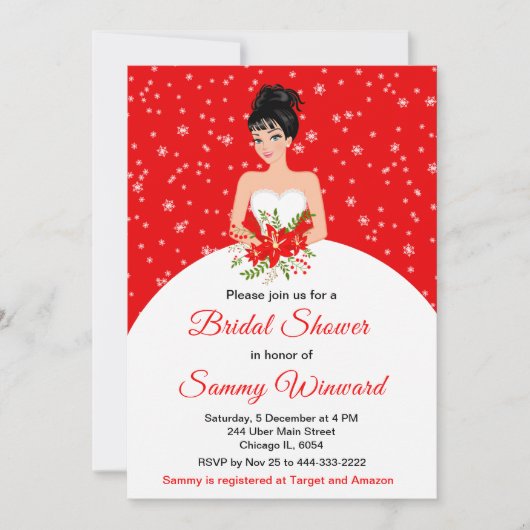 Zwart Haar Bruid Sneeuwvlok Rood Vrijgezellenfeest Kaart (Voorkant)