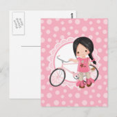 Zwart haar fiets meisje - Roze wit Briefkaart (Voorkant / Achterkant)