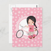 Zwart haar Fietser meisje - Roze Wit Briefkaart (Voorkant / Achterkant)