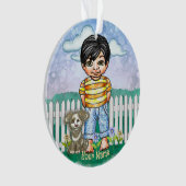 Zwart haar jongetje en hond  ornament (voorkant)