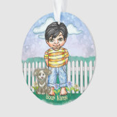 Zwart haar jongetje en hond  ornament (voorkant)