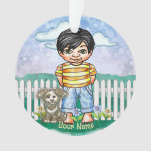 Zwart haar jongetje en hond ornament