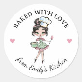 Zwart haar meisje bakker chef ronde sticker (Voorkant)