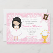 Zwart Haar Meisje Eerste Communie Damask Kaart (Voorkant)