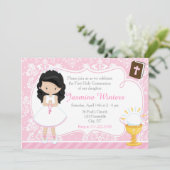 Zwart Haar Meisje Eerste Communie Damask Kaart (Staand voorkant)