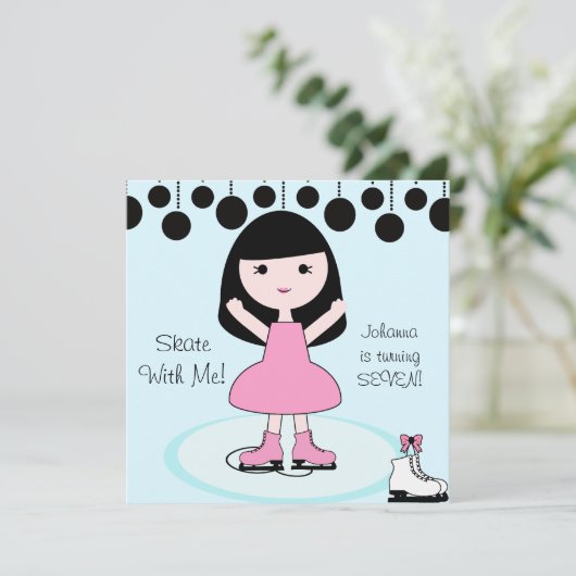 Zwart Haar Meisje Schaatsen Party Uitnodigingen (Staand voorkant)
