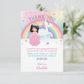 Zwart Haar Prinses en Regenboog Eenhoorn Verjaarda Bedankkaart (Staand voorkant)