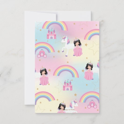 Zwart Haar Prinses en Regenboog Eenhoorn Verjaarda Bedankkaart (Achterkant)