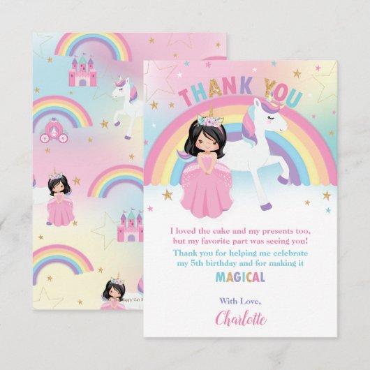 Zwart Haar Prinses en Regenboog Eenhoorn Verjaarda Bedankkaart (Voorkant / Achterkant)
