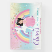 Zwart haar prinses roze eenhoorn verjaardags welko spandoek (Verticaal)