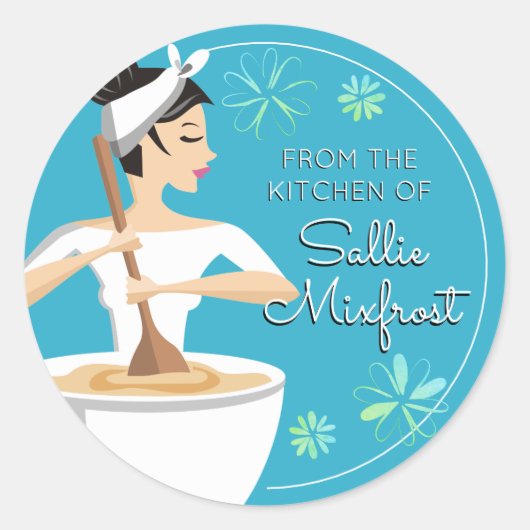 Zwart haar vrouw bakkerij uit de keuken van ronde sticker (Voorkant)