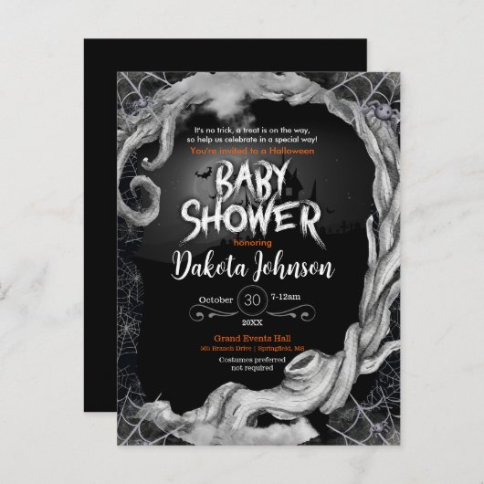 Zwart Halloween Baby shower Invitation Uitnodiging Briefkaart (Voorkant / Achterkant)