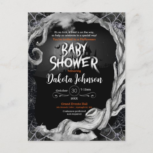 Zwart Halloween Baby shower Invitation Uitnodiging Briefkaart (Voorkant)
