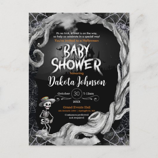 Zwart Halloween Baby shower Invitation Uitnodiging Briefkaart (Voorkant)